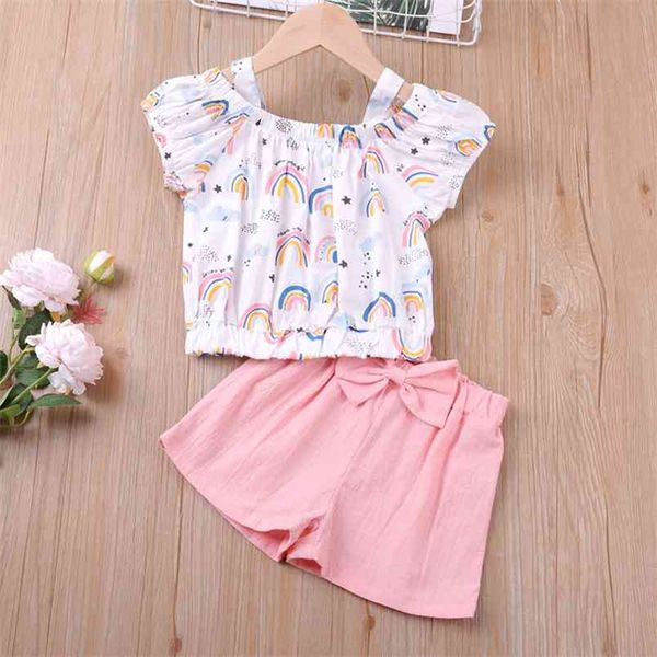 

summer girl set rainbow pattern shorts 2pcs kid clothes clothing sets for children 2-6 years old 210528, White