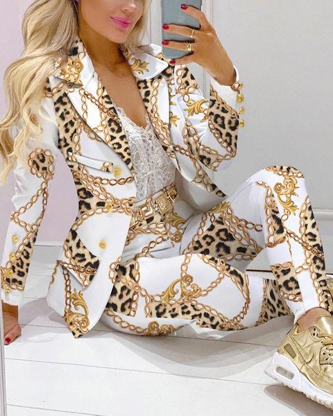 

women's two piece pants autumn women 2 pieces chain print blazer coat & suit sets 2021 femme formal jacket trousers office lady outfits, White