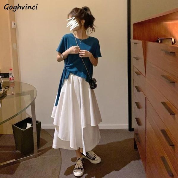 

skirts women summer irregular hem solid harajuku ins fashion mid calf a-line preppy style students womens faldas chic stylish, Black