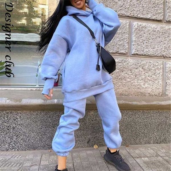 

women hooded sweatshirt set autumn oversized casual long sleeve warm pullovers tracksuit female fashion two piece sets 211126, White