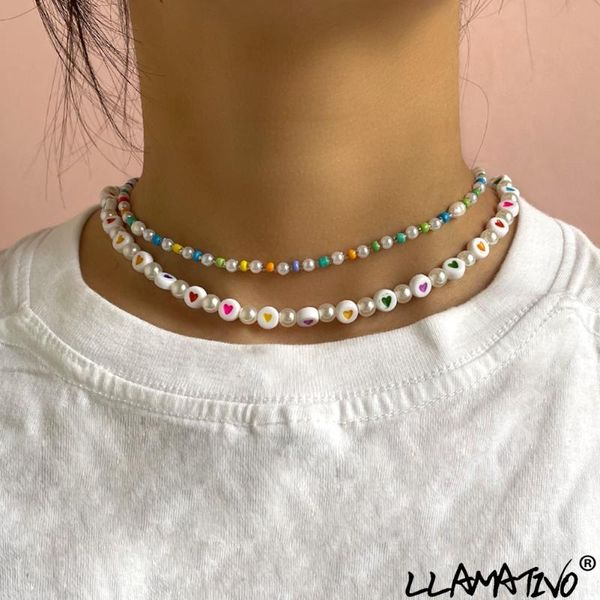 

chains bohemian sweet heart imitation pearl beaded necklace for women handmade rainbow seed beads strand choker necklaces jewelry gift, Silver