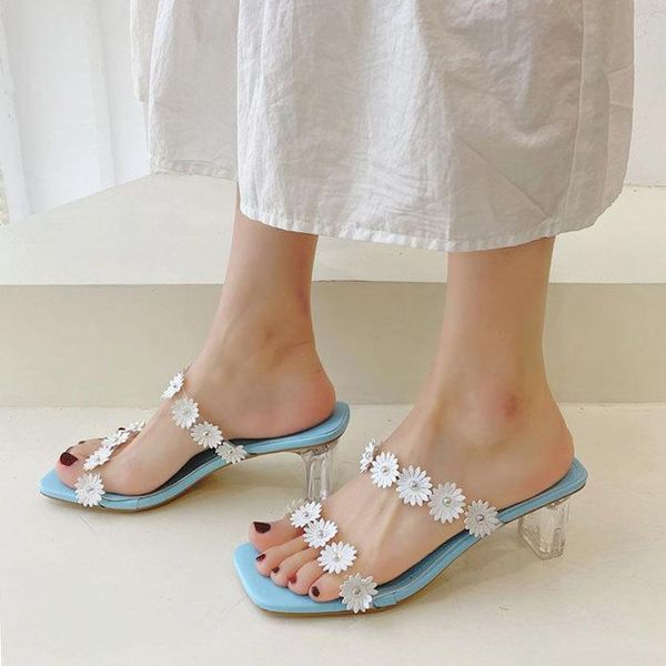 

slippers flower transparent high heels women square toe sandals summer shoes woman clear pumps wedding jelly 2021, Black