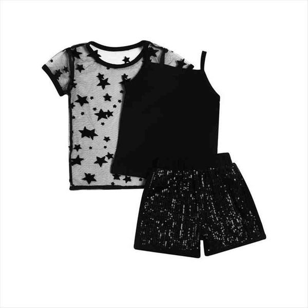 

fashion infant kids girls clothes sets 3pcs sequined sleeveless vest lace mesh t shirts shorts 2 7y, White