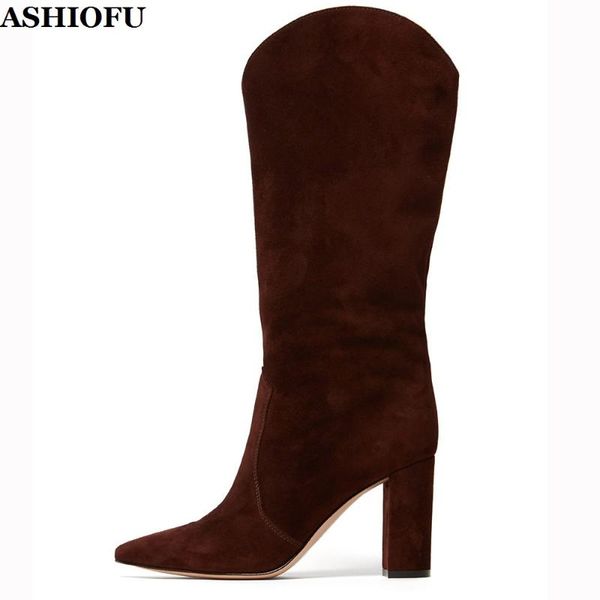 

boots ashiofu handmade ladies chunky heel arch-style party club half mid-calf kid-suede evening fashion, Black