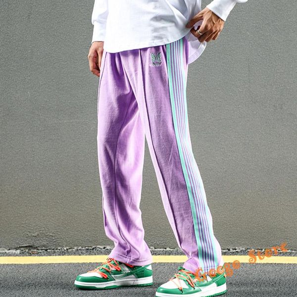 

men's pants butterfly embroidery purple needles awge sweatpants men women casual jogger quality velvet stretch trousers, Black