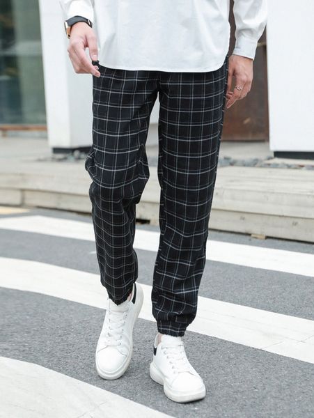 

men plaid print carrot pants s9dh#, Black
