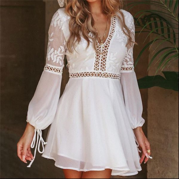 

fashion casual v neck women dress long sleeve lace trim short mini white vestido, Black;gray