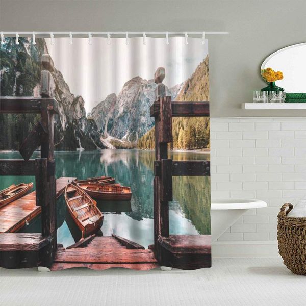 

shower curtain nautical rustic seaside boat wooden ladder raft mooring antique harbor snow mountains rural costal landscape