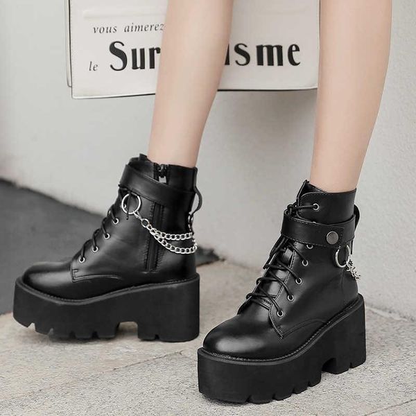 

boots punk locomotive handsome female round head metal chain thick bottom high rise, Black