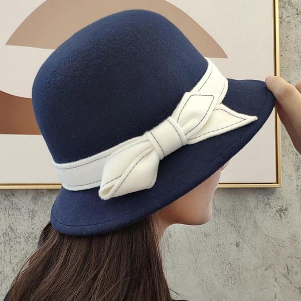 

stingy brim hats autumn winter women woolen bow bucket hat bowknot billycock british wild dome basin, Blue;gray