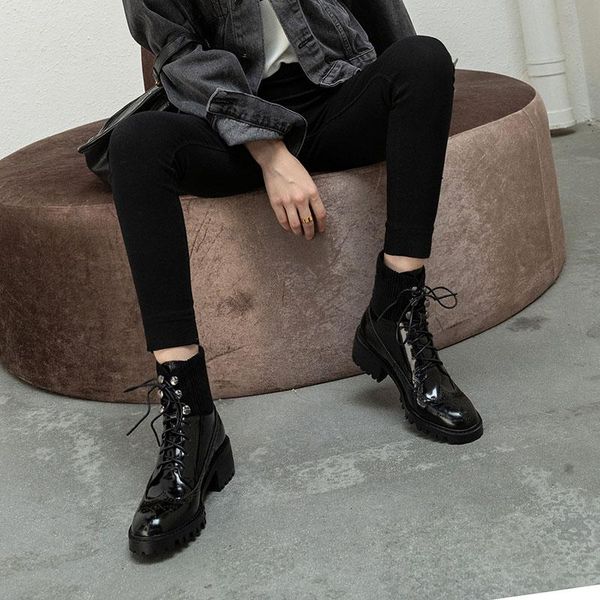 

boots genuine cow leath women's 2021 british rider mid-tube lace-up thick-soled motorcycle, Black