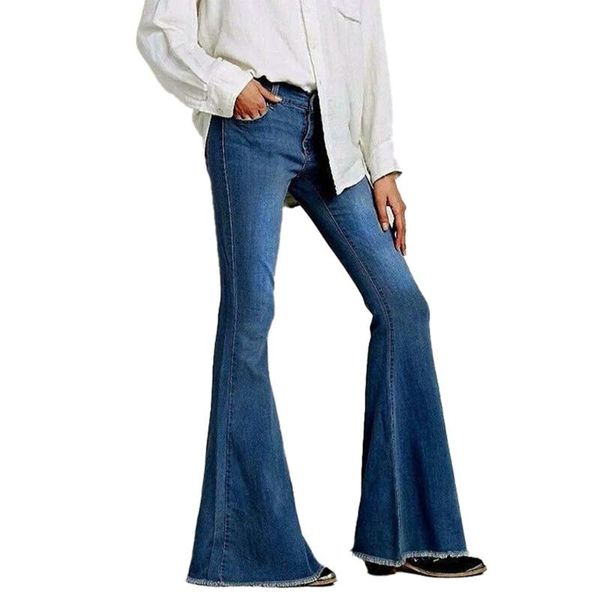 

women's jeans women casual full length flare pants button high waist bleached skinny vintage street wear, Blue