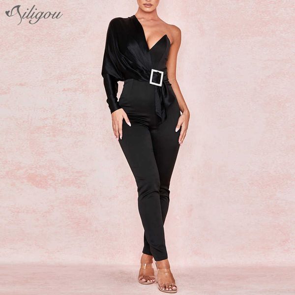 Winter Frauen Overall Sexy One-Shoulder Langarm V-ausschnitt Kristall Schnalle Vestidos Club Party 210527