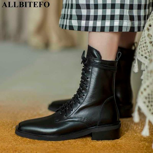 

allbitefo cross tied natural genuine leather women boots fashion winter autumn motocycle boots ankle boots high heel shoes 210611, Black