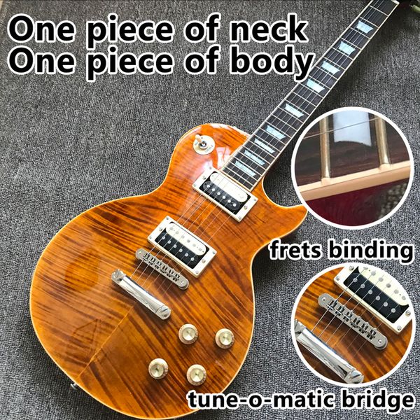 

one piece neck body electric guitar in sunburst ,upgrade tune-o-matic bridge tiger flame guitar