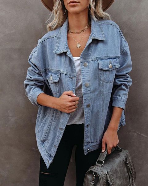 

women's jackets spring autumn loose denim jacket classic long sleeve button down boyfriend jean trucker, Black;brown