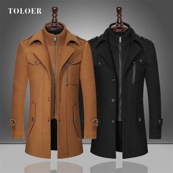 

men woolen blends coats autumn winter solid color windproof mens wool overcoat double collar business casual trench men's coat 211122, Black