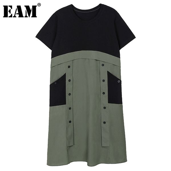 

[eam] women green black spliced pocket dress round neck short sleeve loose fit fashion spring summer 1dd7129 210512, Black;gray