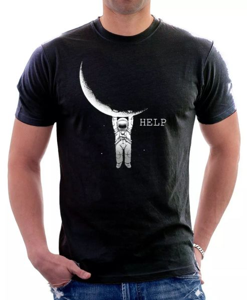 

Spaceman Man on the Moon Space NASA rocket funny help black cotton t-shirt Z9787, White;black