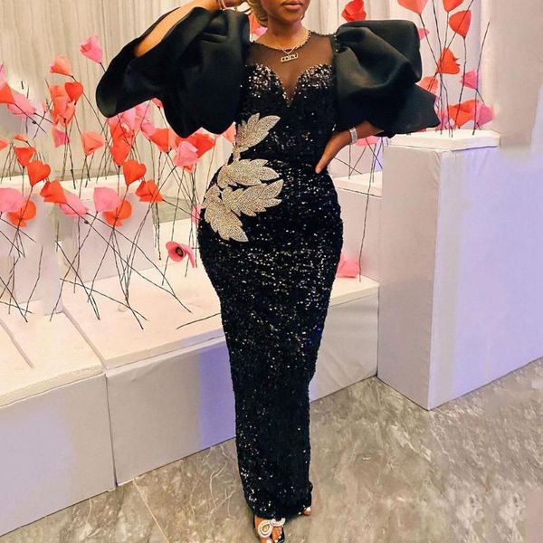 

casual dresses women black sequin long dress floral embroidered bodycon puff sleeve party birthday wedding club outfits 2021 4xl, Black;gray