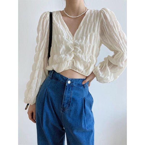 

women's blouses & shirts zhisilao elegant folds chiffon v-neck blouse women shirring beige long sleeve vintage summer 2021 short blous, White