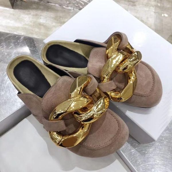 

brand designers 2021 spring luxury metal chain genuine leather slippers loafers men lover shoes mules flip flops 34-44, Black