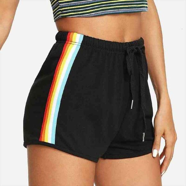 

striped side drawstring summer women short elastic waist athleisure black mid sporting, White;black
