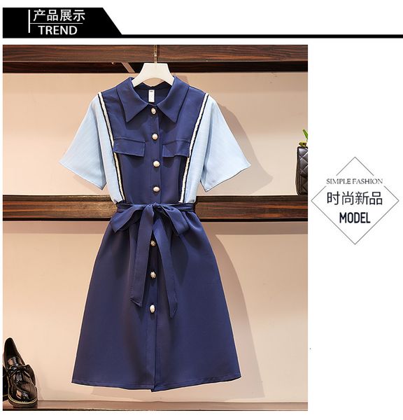 

short sleeve fashion summer women dresses elegant turn down collar plus size patchwork casual lace-up shirt dress, Black;gray