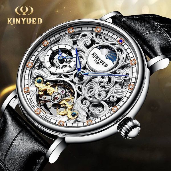 

wrist watch 2021 double time zone hollowed out luminous automatic mechanical men's fashion business belt, Slivery;brown