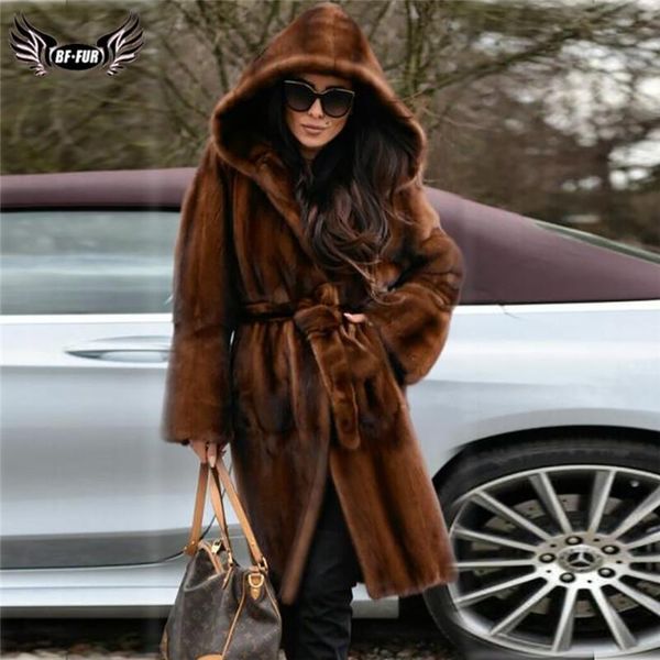 

women's fur & faux bffur women genuine mink coat with hood 100cm long real winter fashion overcoats 2021 trendy, Black