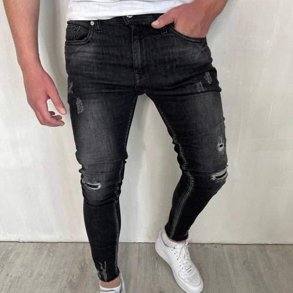 

men's jeans casual zipper open placket fashion straight pants water milled feet woven skinny denim trousers#8, Blue