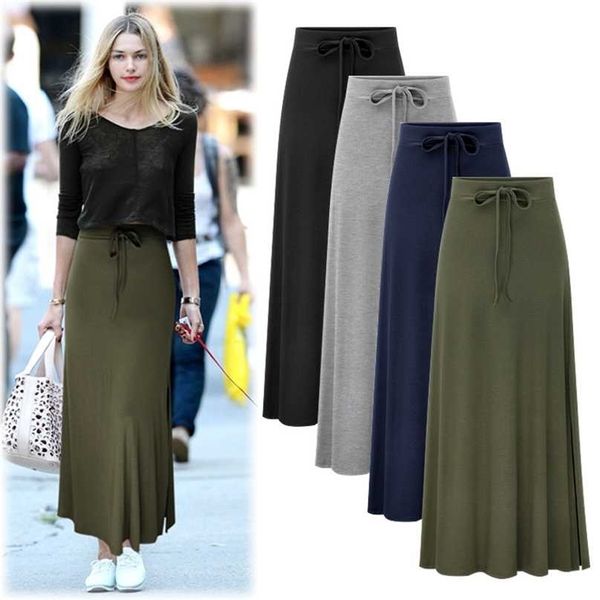 

long skirt black winter autumn women vintage high waist a-line lace up maxi solid office plus size jupe femme 211109