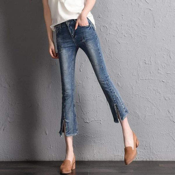 

female pants summer jeans for women vintage high waist washed button blue denim harem zip femme nine women's