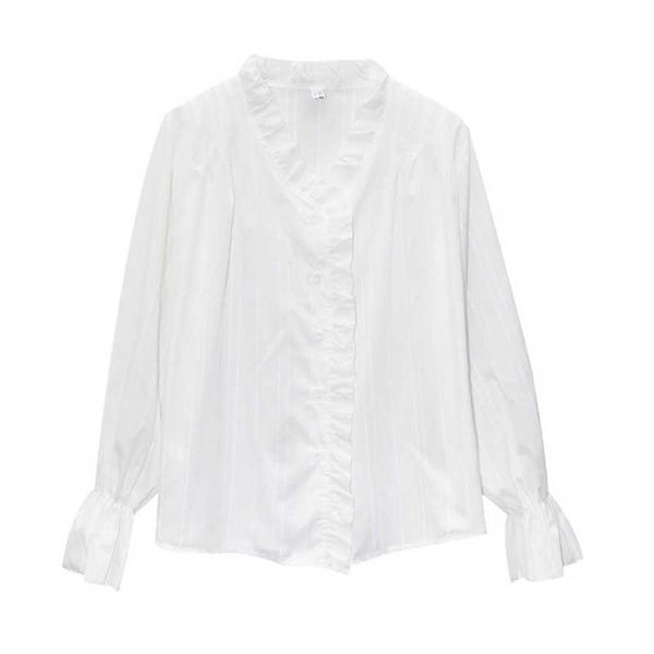 

perhaps u women shirt black white beige v-neck ruffle lantern long sleeve shirt button spring summer chiffon b0528 210529