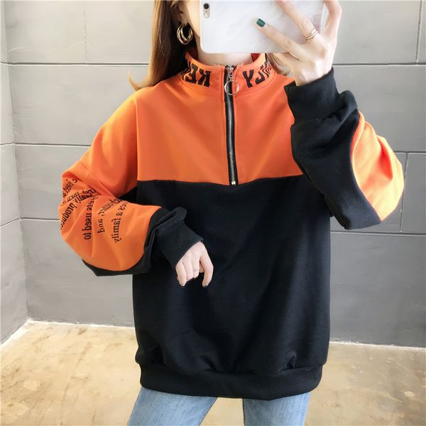 

korean sweatshirt autumn women letter printed patchwork thin long sleeve turtleneck zipper harajuku ladies pullover 210422, Black