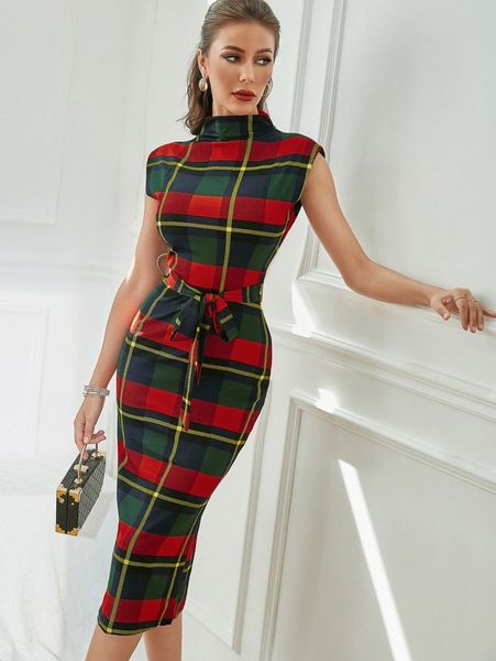 

plaid self tie bodycon dress m2z7#, Black;gray