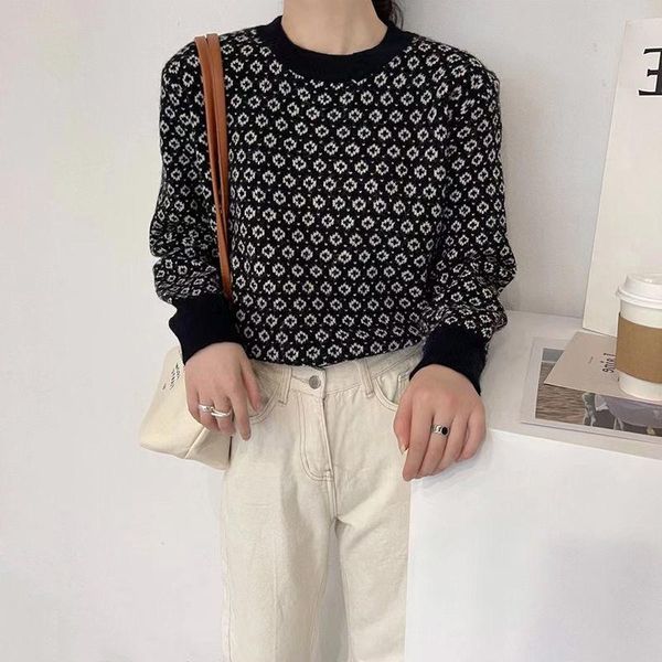 

women's sweaters 2021 autumn women sweater long sleeve o-neck loose pollover fashion elegant floral print knitting jumper top, White;black