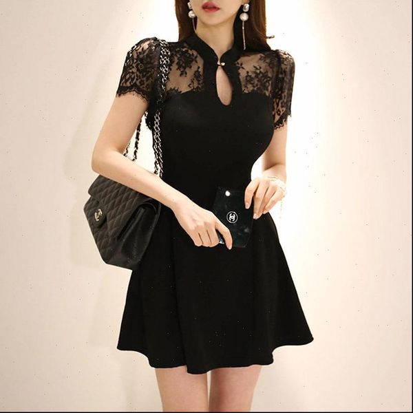 

summer plus size a line womens dress black short sleeve elegant office mini vintage lace dresses vestidos, Black;gray