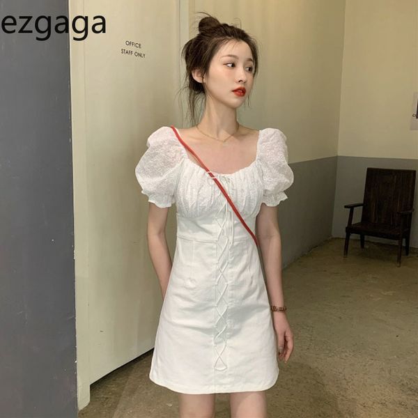 

ezgaga lace patchwork mini dress summer chic women short sleeve square collar hollow out solid elegant dress korean fashion 210430, Black;gray