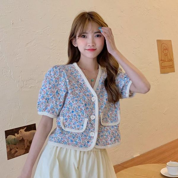 

women's t-shirt 2021 summer bubble sleeve sweet shirt floral shirts woman, White