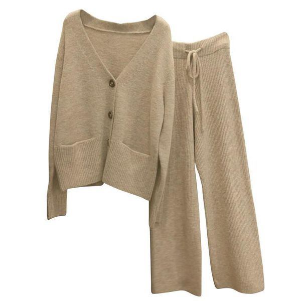 

women's two piece pants sets women early autumn streetwear knitted suits korean casual loose reduction belt long sleeve mujer de moda, White