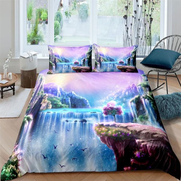 

natural scenery duvet cover 2/3pcs nordic romantic waterfall bedding set comforter king  bedclothes double bed no sheet sets