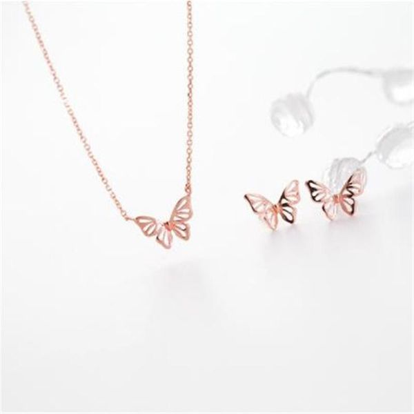 

bracelet, earrings & necklace jeween simple hollow 925/1000 silver rose gold ang white color butterfly jewellery set for young ladies, Black