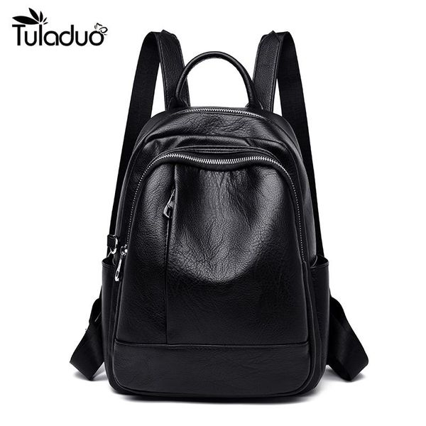 

backpack fashion pu leather female black small zipper bag student girl's solid color soft
