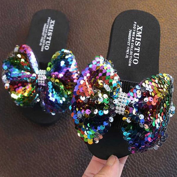 

girls sequin bow-knot summer slipper outdoor non-slip kids fashion cute princess sandals parent-child beach shoes s500 210712, Black;grey