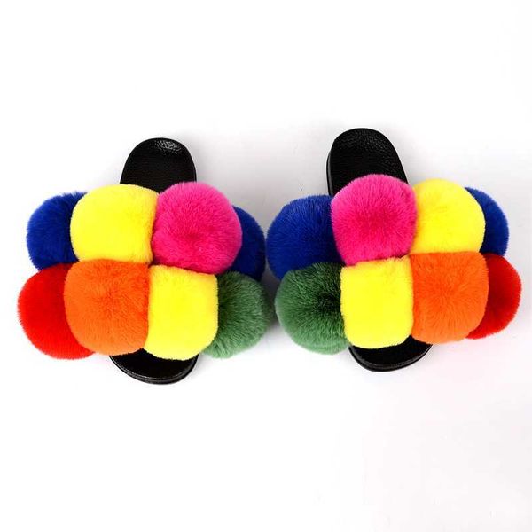 

fluffy slippers summer faux fur slides women flip flops 2021 indoor women's big fur flat shoes fashion women slippers sandals h0827, Black