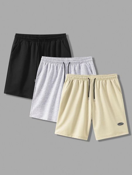 

men 3pcs letter patched detail drawstring waist shorts 83if#, Black