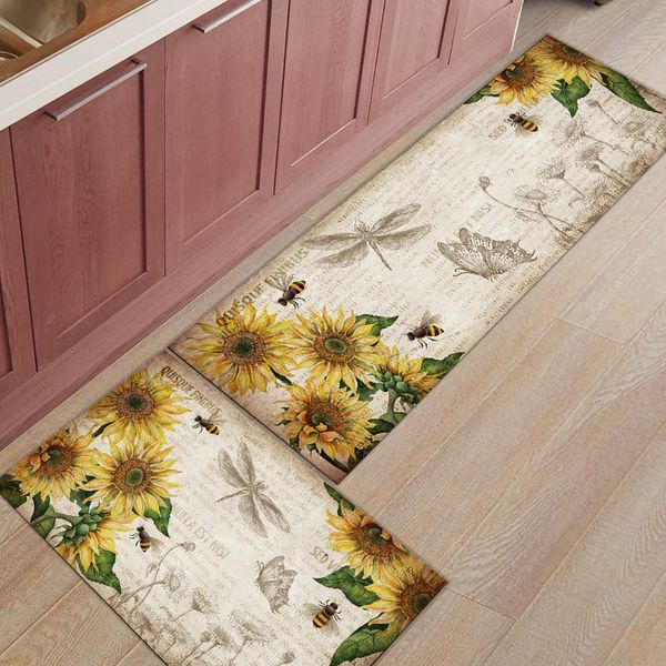 

pastoral style sunflower dragonfly butterfly kitchen rug home entrance doormat bedroom floor decor carpet bathroom anti-slip carpets