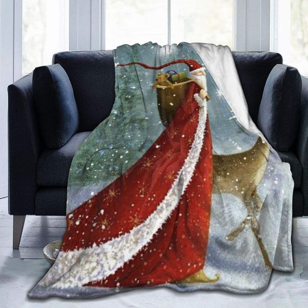 

Microfleece Blanket Throw Blanket Santa Claus with Long Hat Printed Ultra Soft Lightweight Cozy Warm Microfiber Fuzzy Blanket