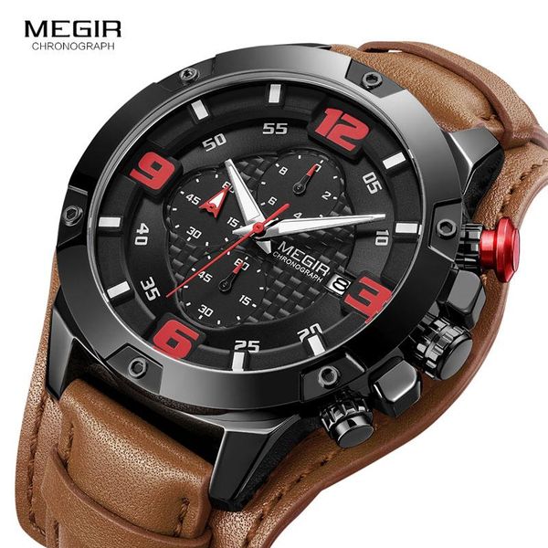 

wristwatches megir 2099 army military quartz mens watches leather men watch casual sport male clock relogio masculino, Slivery;brown